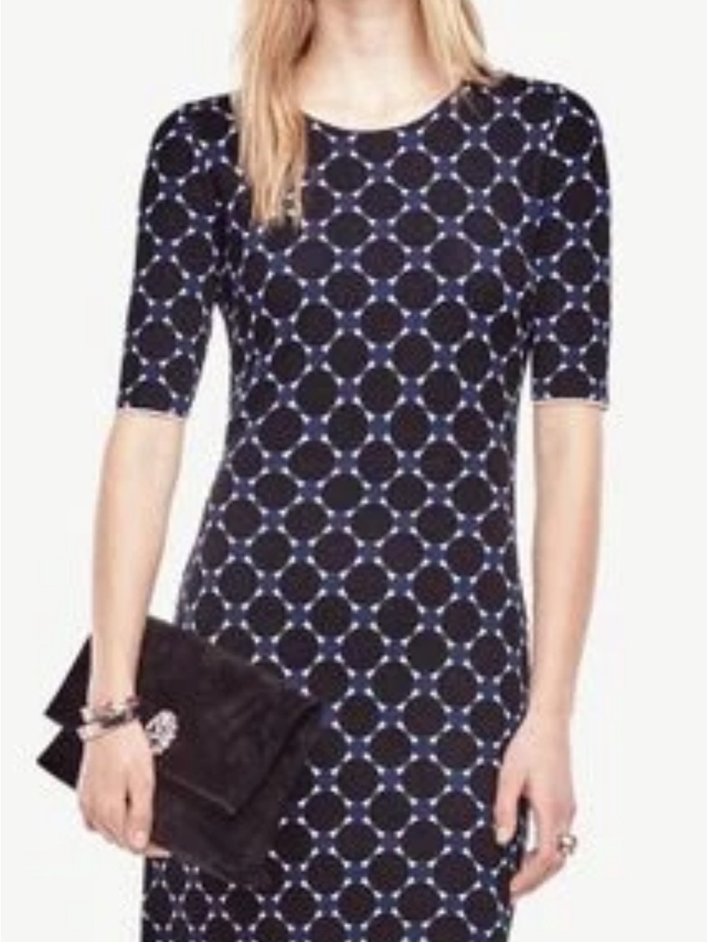 Ann Taylor sweater dress featuring a black and blue geometric dot pattern. small